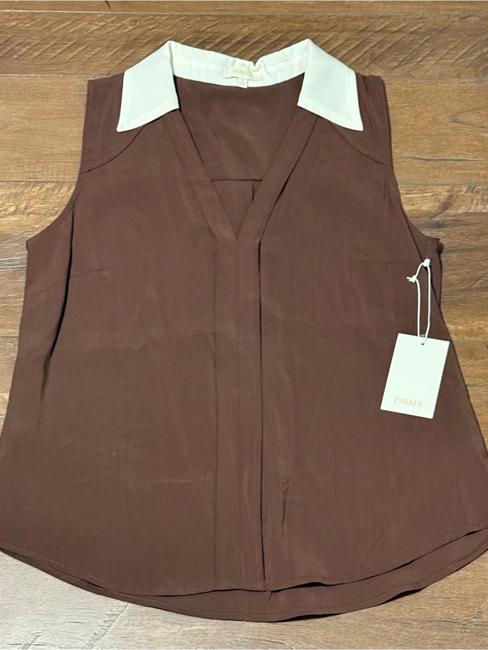 Parker Brown Sleeveless V-Neck Blouse with Cream Collar